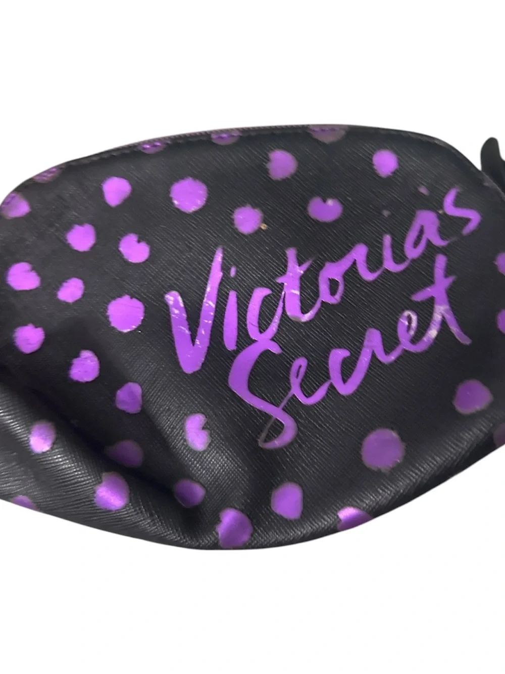 Victoria's Secret Black Cosmetic Bag with Purple Script & Dots like new